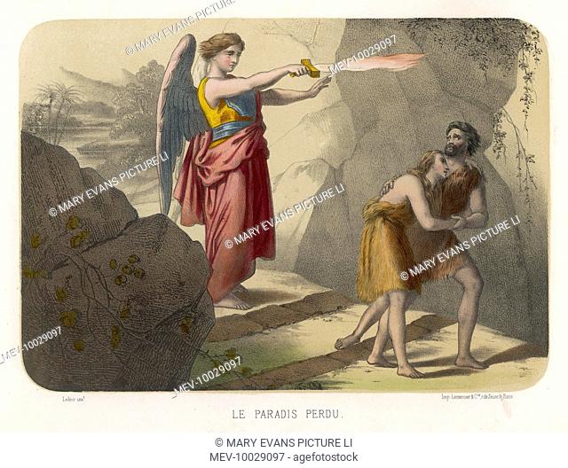 An angel brandishes her sword while she watches Adam and Eve slink out of Paradise