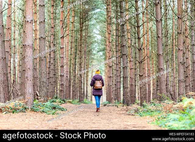 Woman with backpack amidst trees in forest