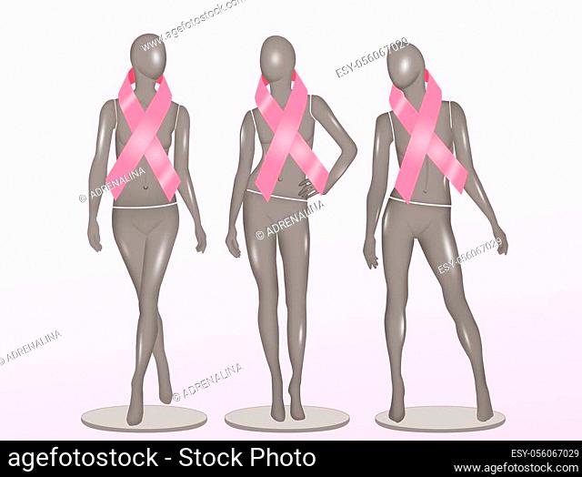 illustration of female mannequins with breast cancer ribbon