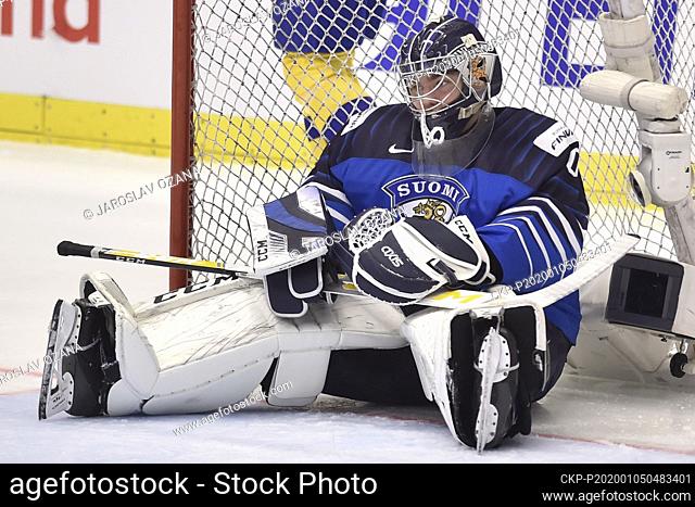 JUSTUS ANNUNEN, goalie of Finland receives a third goal during the 2020 IIHF World Junior Ice Hockey Championships match for 3rd place: Sweden vs Finland in...