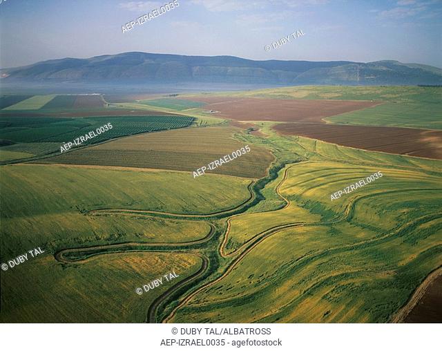Aerial photograph of the green fields of the Jezreel valley
