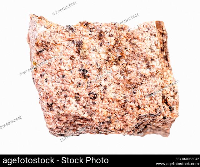 closeup of sample of natural mineral from geological collection - raw Aplite rock isolated on white background