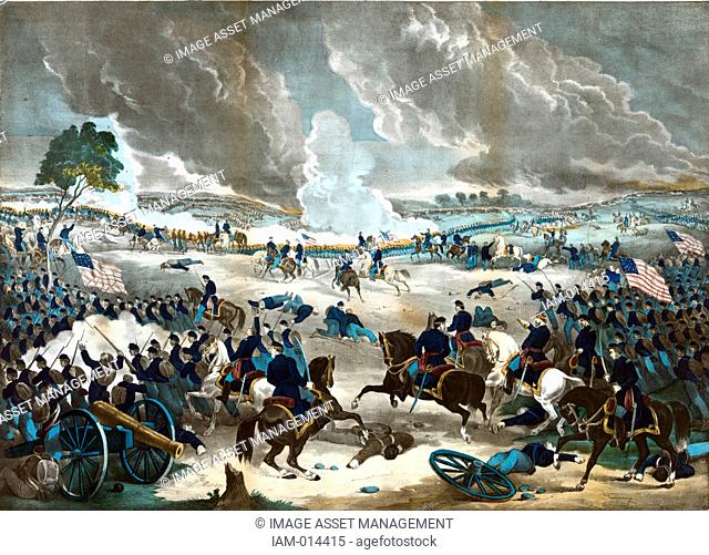 American Civil War 1861-1865: Battle of Gettysburg 1-3 July 1863, ending Lee's invasion of the North. Union infantry advancing from the right