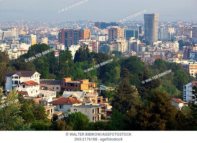 Albania, Tirana, elevated city view, dawn