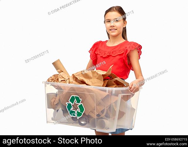 smiling girl sorting paper waste