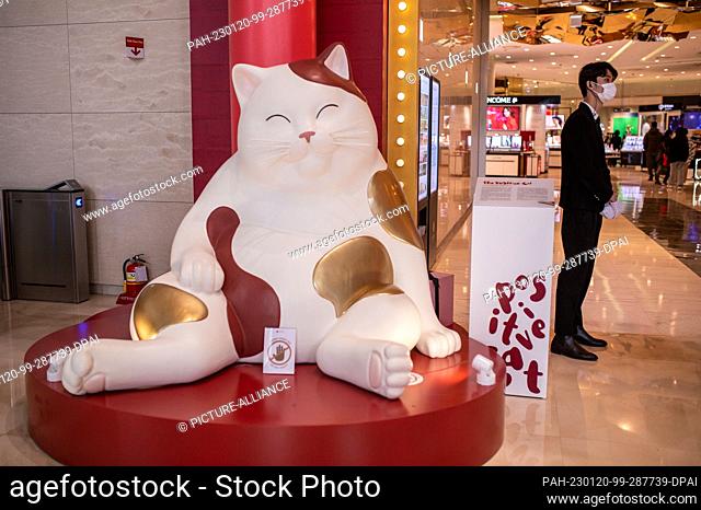 17 January 2023, Vietnam, Hanoi: In the Lotte shopping center in Hanoi, an employee stands next to a statue of a snoozing cat with a sign that reads ""Do not...