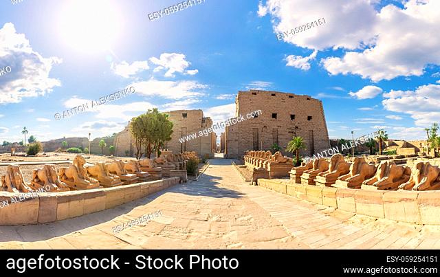 Sphinx Alley in Karnak Temple complex panorama, Luxor, Egypt