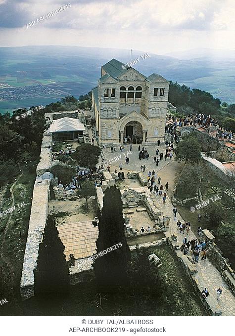 Aerial photograph of the Church of Transfiguration on the summit of mount Tavor in the Lower Galilee