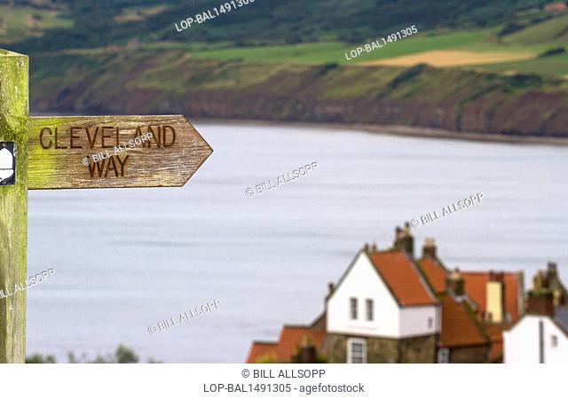 England, North Yorkshire, Robin Hoods Bay. Waysign for the Cleveland Way as it passes Robin Hoods Bay