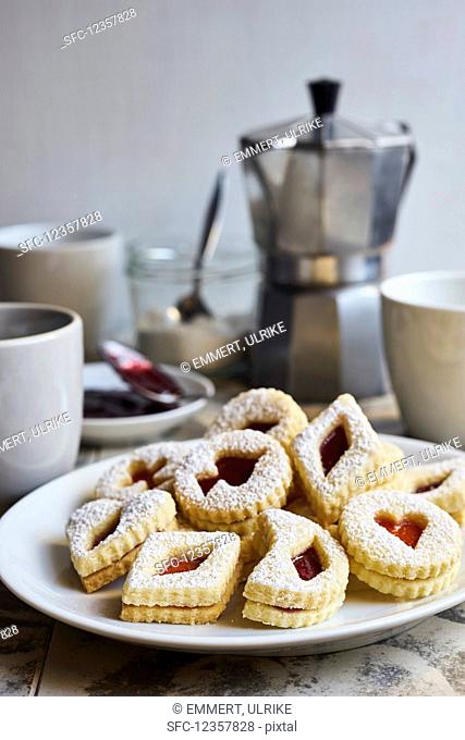 German cookies (butter biscuits filled with jam) served with coffee