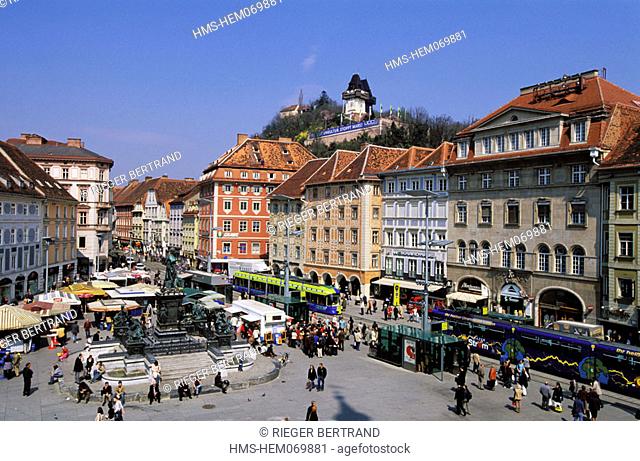 Austria, Styria, Graz, the central square - Hauptplatz and the clock tower