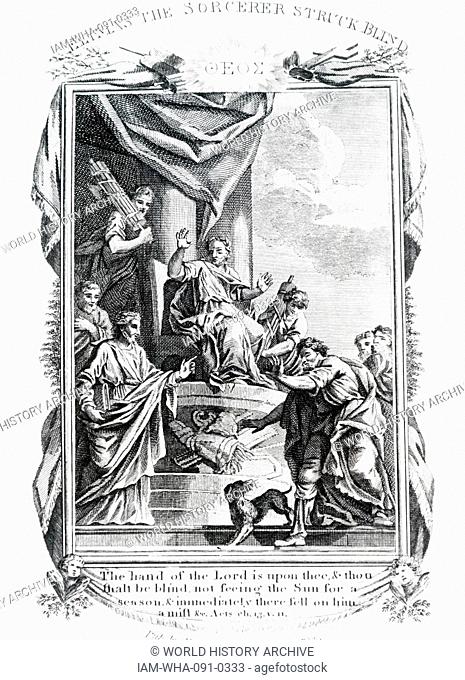 Illustration depicting Elymas the Sorcerer struck blind by the Holy Ghost for trying to prevent Sergius Paulus hearing of St. Paul on Paphos