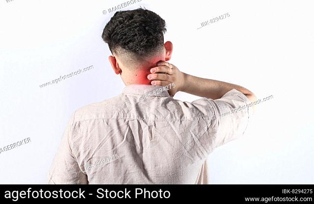 Neck pain and stress concept, man with neck muscle pain, Close up of man with neck pain, a man with neck pain on isolated background