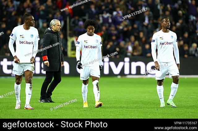 Genk's players looks dejected after losing a soccer match between RSC Anderlecht and KRC Genk, Sunday 20 February 2022 in Brussels