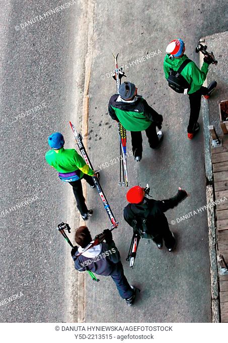 skiers coming back to hotel after activity in the mountains, Fiesch, Valais, Switzerland