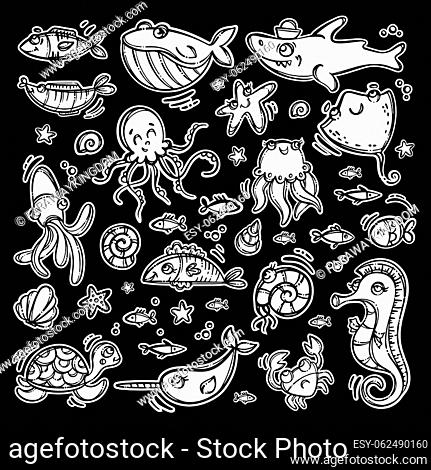 SEA ANIMAL STICKERS Nautical Theme Monochrome Hand Drawn Cartoon Travel Clipart Label Underwater World Vector Illustration Set For Print And Cutting Machines