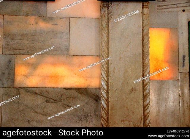 Seeping sunlight through semi-transparent marble slabs viewed from inside of Jaswanth Thada in Jodhpur, Rajasthan, India, Asia