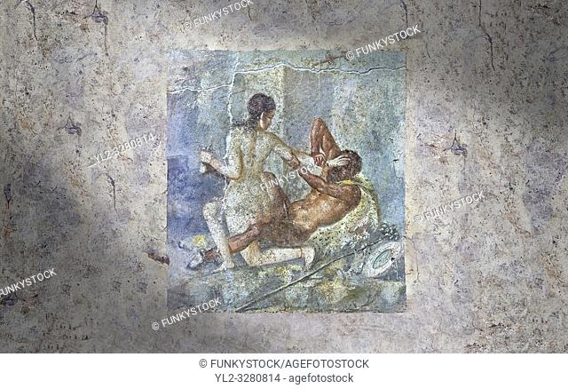 Roman Erotic Fresco from Pompeii depicting Satyr being rejected by Hermaphrodite, Naples National Archaeological Museum - 50-79 AD , inv no 110878