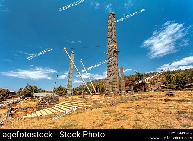 Ancient monolith stone obelisk, symbol of the Aksumite civilization in city Aksum, Ethiopia. UNESCO World Heritage site. African culture and history place