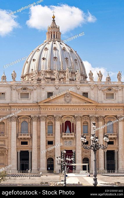 the facade of Saint Peter's Basilica, a masterpiece of italian renaissance architecture, situated in the center of Rome
