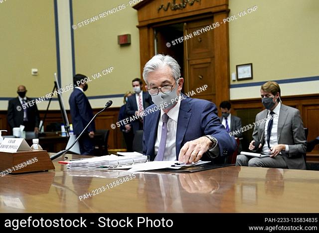 Jerome H. Powell, Chair of the Board of Governors of the Federal Reserve System, wears a protective mask while arriving to a House Select Subcommittee on the...