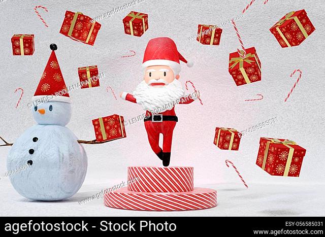 3D Rendering , The dance of a cheerful Santa Claus and Snowman on ICE background . The Concept of Christmas