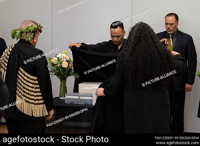 01 June 2023, Lower Saxony, Göttingen: Members of a delegation from New Zealand cover boxes at the handover of bones from the collections of the University of...