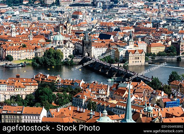 Cityscape of Prague from tower of Cathedral. Charles Bridge