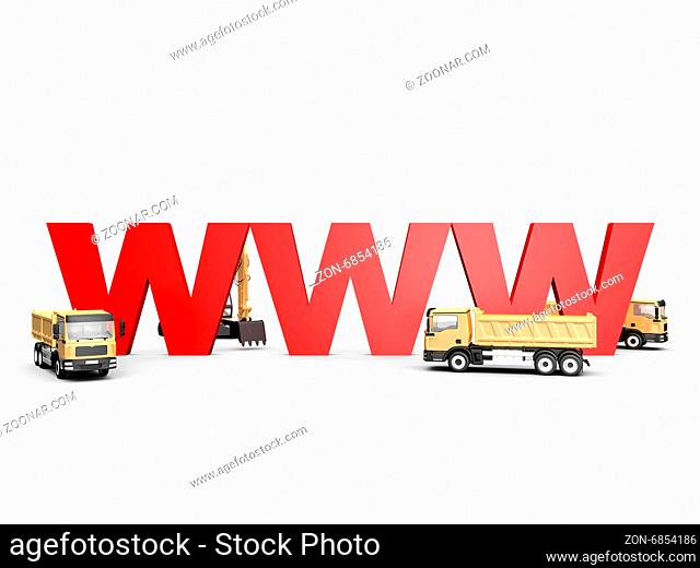 Concept of website under construction with red www letters and yellow trucks, isolated on white background