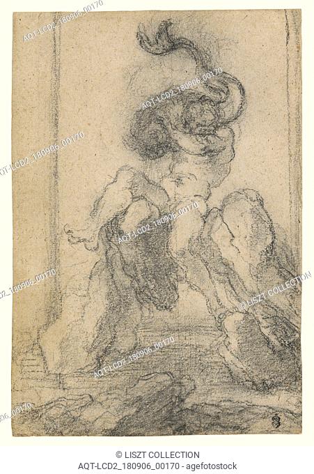 A Marine God with a Dolphin; Gian Lorenzo Bernini (Italian, 1598 - 1680); Italy; 1652 - 1653; Black chalk; 34.8 x 23.8 cm (13 11, 16 x 9 3, 8 in.)