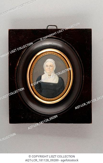 Portrait miniature of woman, portrait miniature painting footage wood ivory paint watercolor ivory backing, Dark brown wooden frame in upright rectangular...