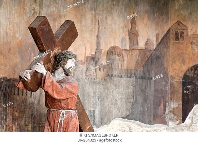Stone christ figure carrying the cross, calvary of the Piaristenkirche, Krems, Wachau, Lower Austria, Austria