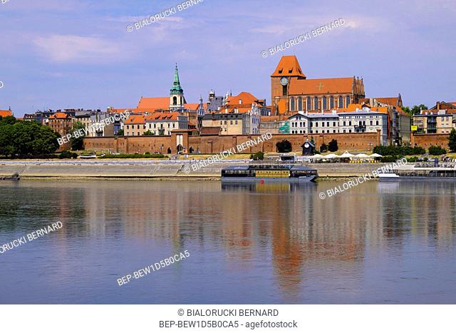 Torun, Kujavian-Pomeranian / Poland - 2018/06/10: Panoramic view of historical district of Torun old town by the Vistula river