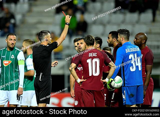 Camora of Cluj receives red card during the Football European Conference League, Group D, 1st round match: FK Jablonec vs CFR 1907 Cluj in Jablonec nad Nisou