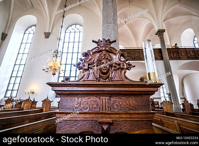 Sweden, Southern Sweden, Kristianstad, Trefaldighetskyrkan, Holy Trinity Church, 17th century, pew detail