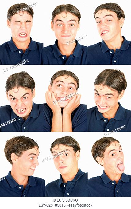 Teenager boy making several faces isolated in white