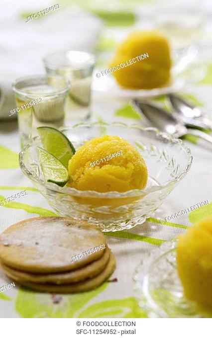 Orange and lime sorbet in glass bowls