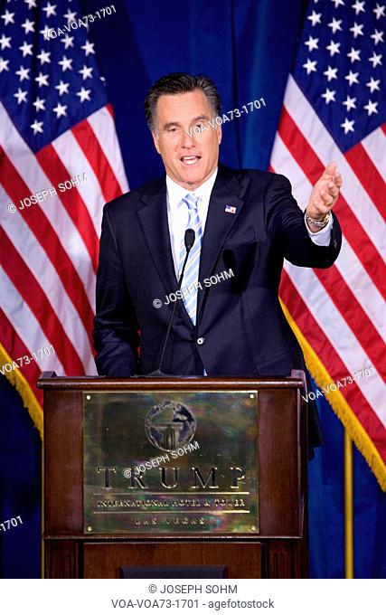 Republican presidential candidate Mitt Romney speaks after Donald Trump endorsed Romney’s presidential bid Feb. 2, 2012, at the Trump International Hotel in Las...