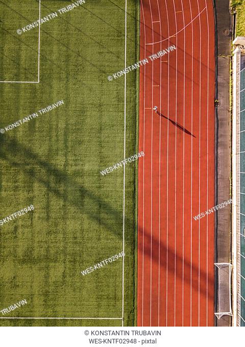 Aerial view of soccer field and racetrack, Tikhvin, Russia
