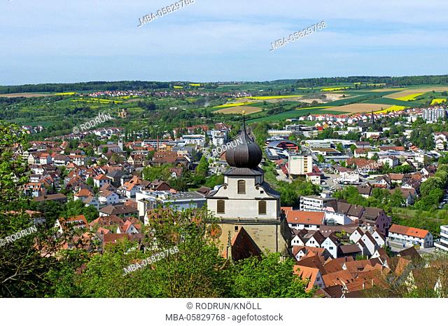 Germany, Baden-Wurttemberg, Herrenberg, view from the observation tower on the Schlossberg on the collegiate St. Mary's Church, Herrenberg and in the Korngäu