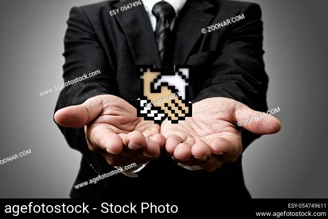 business man hand shows pixel handshake icon sign