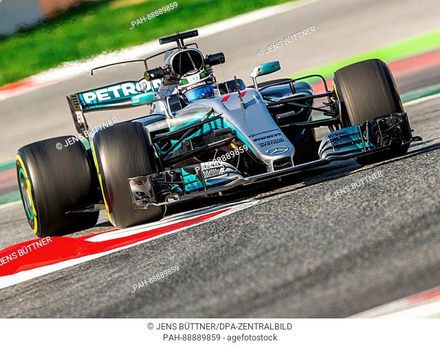 Finish Formula One pilot Valtteri Bottas of Mercedes AMG in action during the testing before the new season of the Formula One at the Circuit de Catalunya race...
