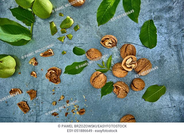 Walnuts and leaves on gray background