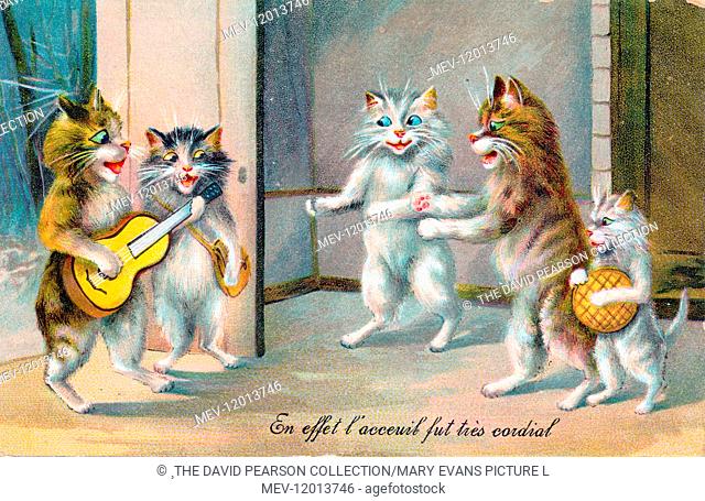 Five cats meeting on a French postcard, in the style of Louis Wain -- the welcome was very cordial