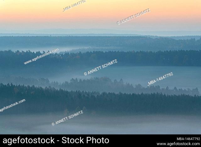 Sunrise with ground fog in Thuringia near the Leuchtenburg