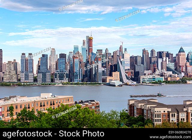 New York City midtown Manhattan skyline panorama view from Boulevard East Old Glory Park over Hudson River