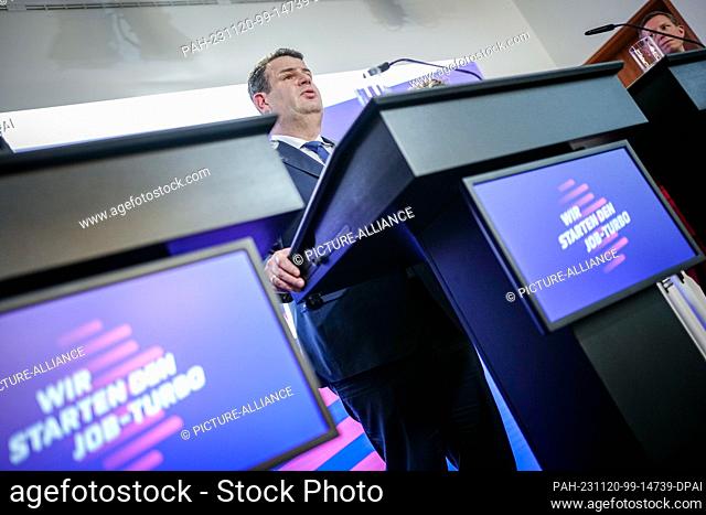20 November 2023, Berlin: Hubertus Heil (SPD), Federal Minister of Labor and Social Affairs, gives a press conference at the 3rd ""Job-Turbo"" labor market...
