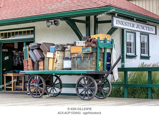 Luggage on a vintage cart, Inkster Junction Station, Prairie Dog Central Railway, Winnipeg, Manitoba, Canada