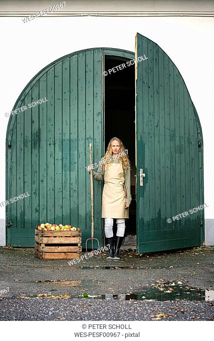 Woman on a farm standing at crate with apples