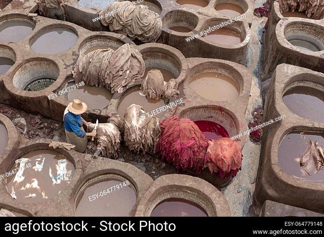 Man working in Tanneries of Fes. Old tanks with color paint for leather. Morocco Africa